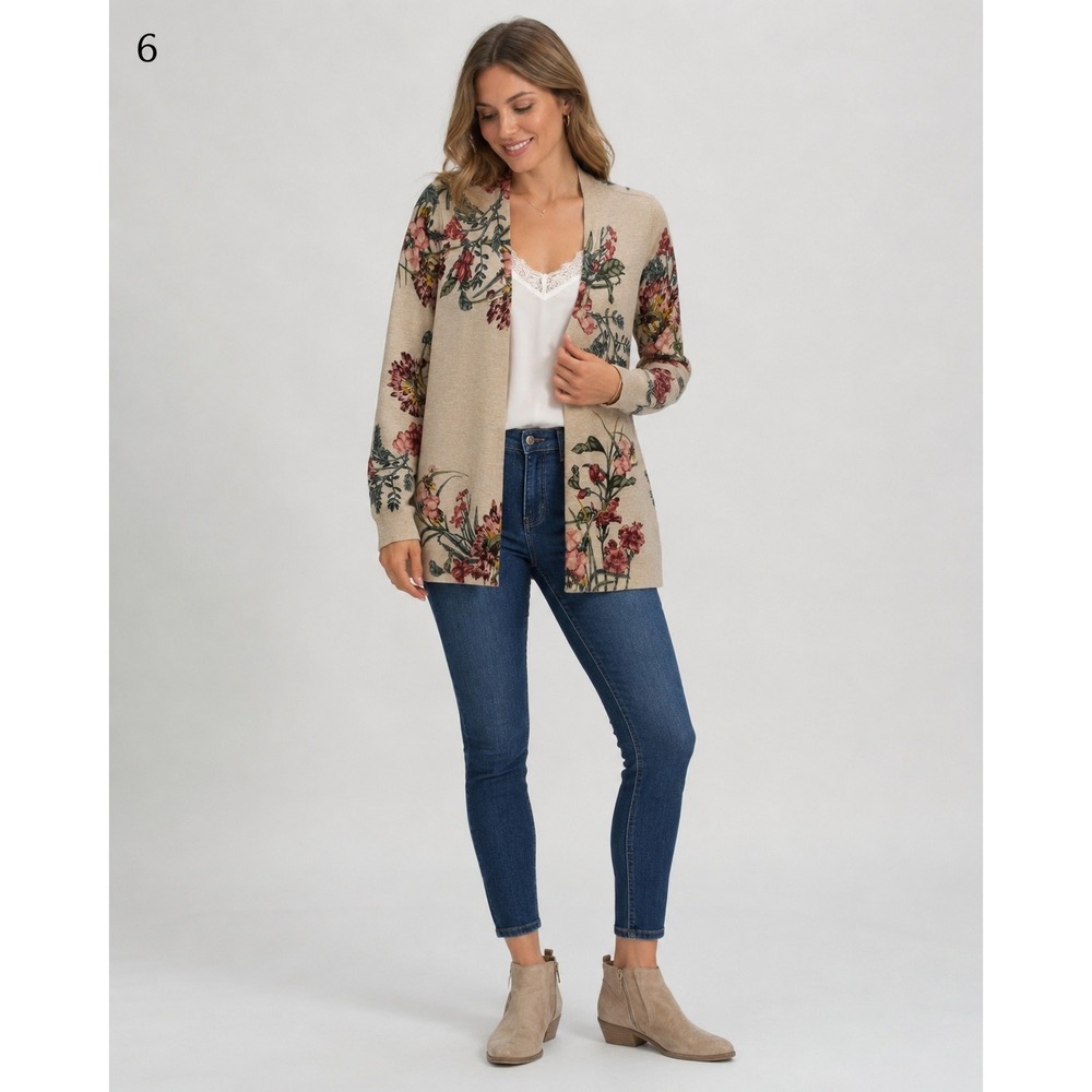Chicos Open Front Cardigan Sweater Womens Small Cream Lightweight Floral Garden